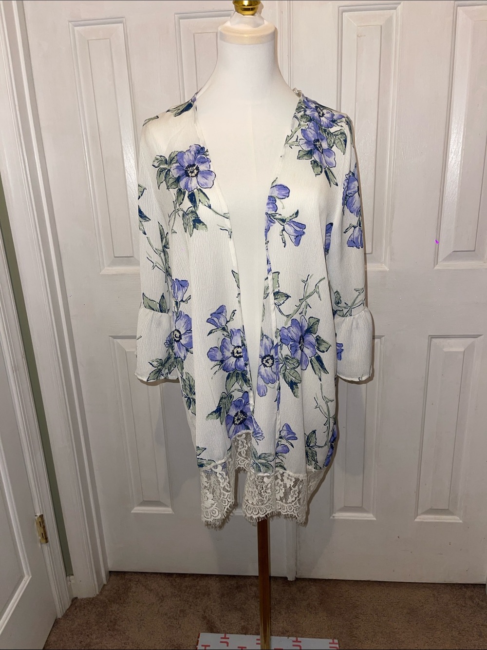 Floral Lace-Hem Swim Coverup - White with Purple Floral